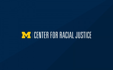 Center for Racial Justice informal logo in maize and white placed on a blue background